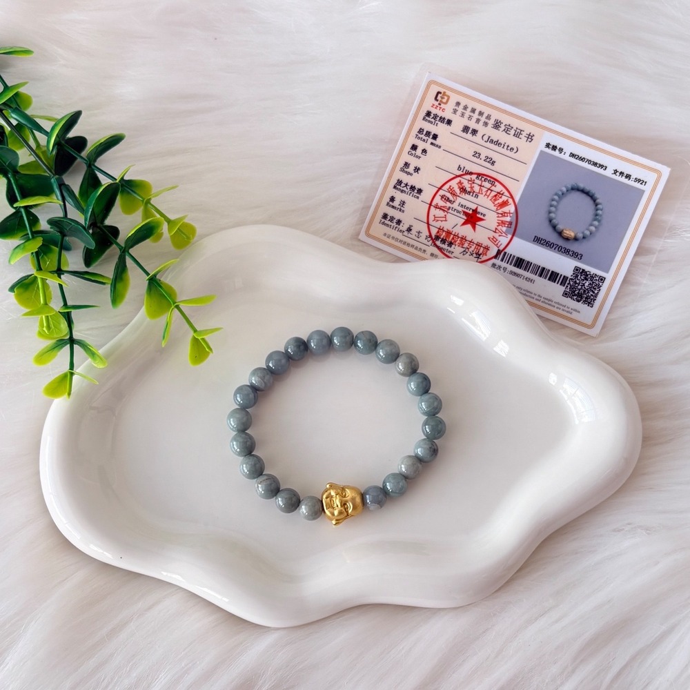 Authentic Jadeite Beaded Bracelet Blue Green Jade with Gold Buddha Charm 23.22g